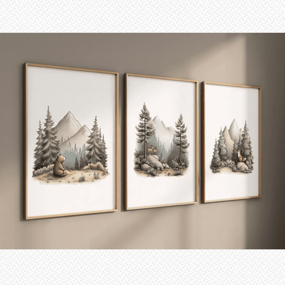 Woodland Animal Bear Deer Fox Forest Nursery Poster Set 3 Prints Set 3 , Poster Only