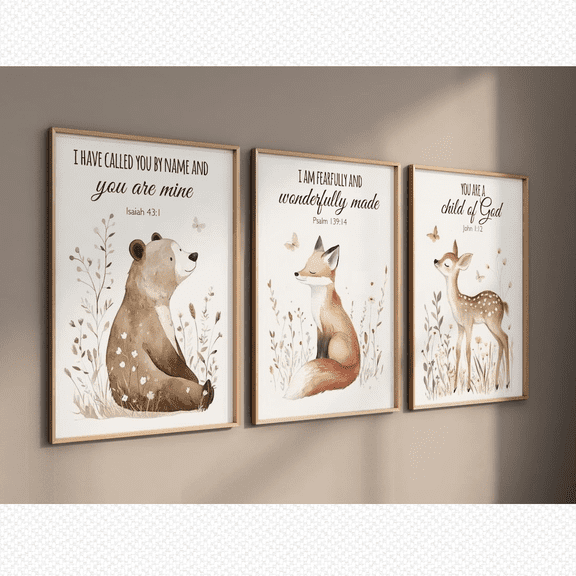 Woodland Animal Bear Fox Deer Scripture Nursery Neutral Poster Set 3 Prints Set 3 , Poster Only