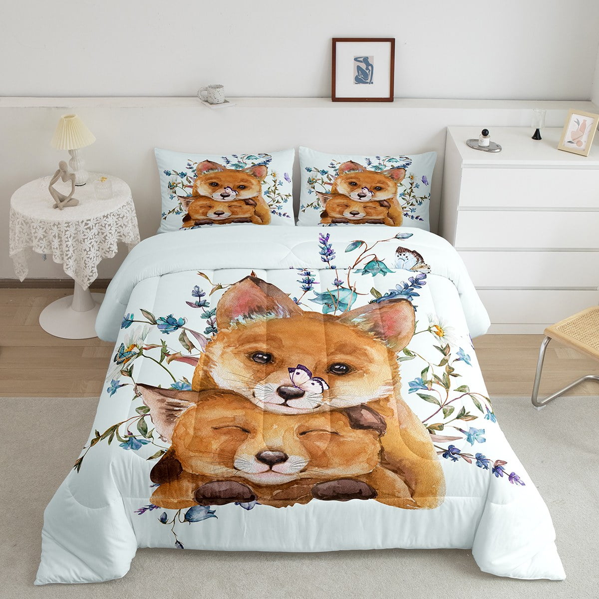 Woodland Animal Bedding Set King Watercolor Fox Comforter Set, Pink Butterfly Duvet Insert Navy