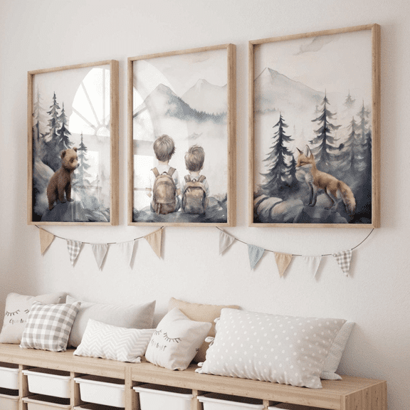 Woodland Animal Brother Room Boy Adventure Nursery Shared Room Poster Prints, Poster Only