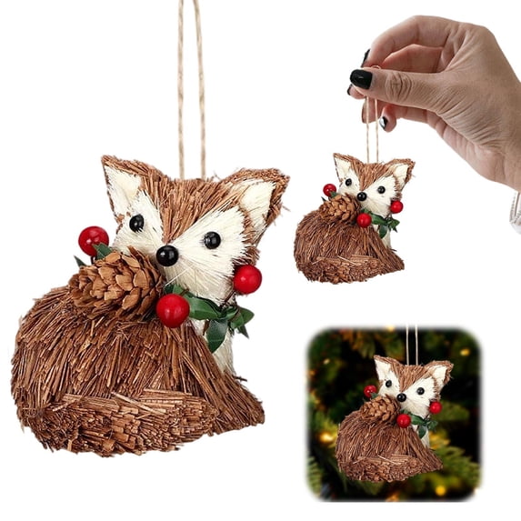 Woodland Animal Christmas Ornaments, Forest Animal Acorn Ornaments, Sisal Fox Christmas Hanging Ornament, Rustic Farmhouse Animal Figurine With Pinecone & Red Berry Accent For Christmas Tree Decor