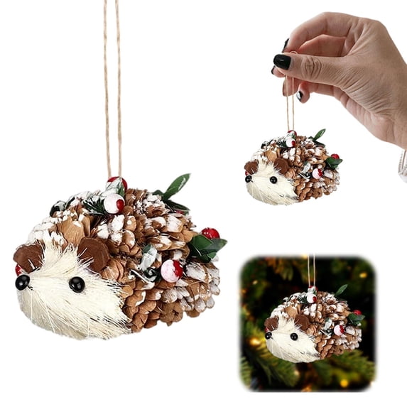 Woodland Animal Christmas Ornaments, Forest Animal Acorn Ornaments,Sisal Hedgehog Christmas Hanging Ornament,Rustic Animal Figurine With Pinecone, Berry & Snow Dusted Foliage For Christmas Tree Decor