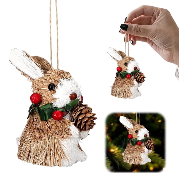 Woodland Animal Christmas Ornaments, Forest Animal Acorn Ornaments, Sisal Rabbit Christmas Hanging Ornament, Rustic Farmhouse Animal Figurine With Pinecone & Red Berry Accent For Christmas Tree Decor