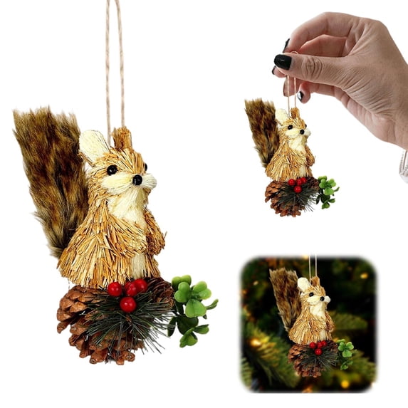 Woodland Animal Christmas Ornaments, Forest Animal Acorn Ornaments,Sisal Squirrel Christmas Hanging Ornament,Rustic Farmhouse Animal Figurine With Pinecone & Red Berry Accent For Christmas Tree Decor