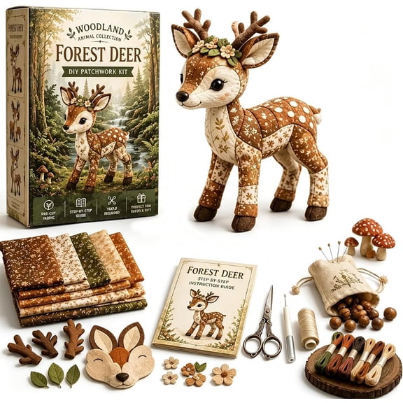 Woodland Animal DIY Patchwork Sewing Kit – Handmade Forest Friends Collection, DIY Sewing Kit for Beginner, Handmade Stuffed Animal Sewing Project for Adults & Teens, DIY Gift Kit (Deer)