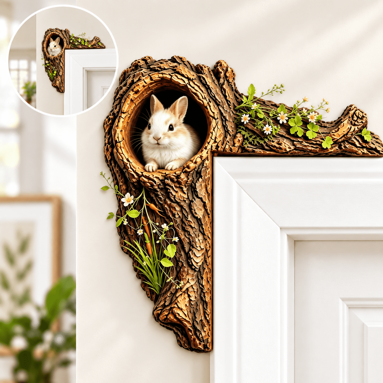 Corner Tech Pattern Woodland Animal Door Corner Decor, L-Shaped Wooden Tree Hole Ornament ...