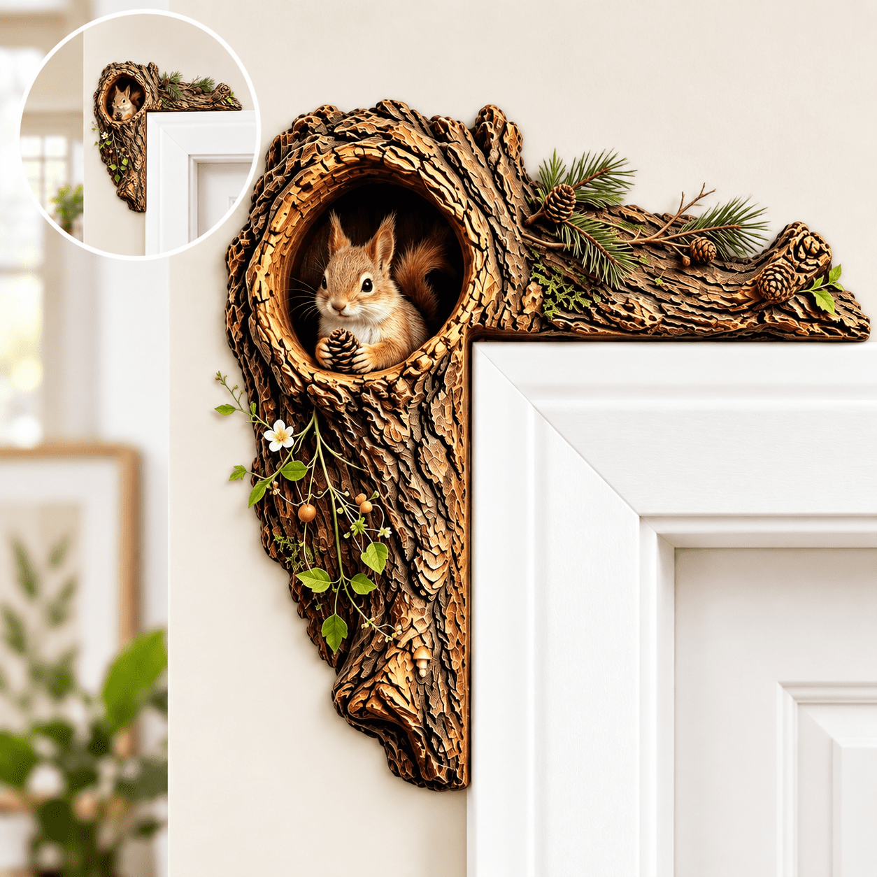 Corner Tech Pattern Woodland Animal Door Corner Decor, L-Shaped Wooden Tree Hole Ornament ...