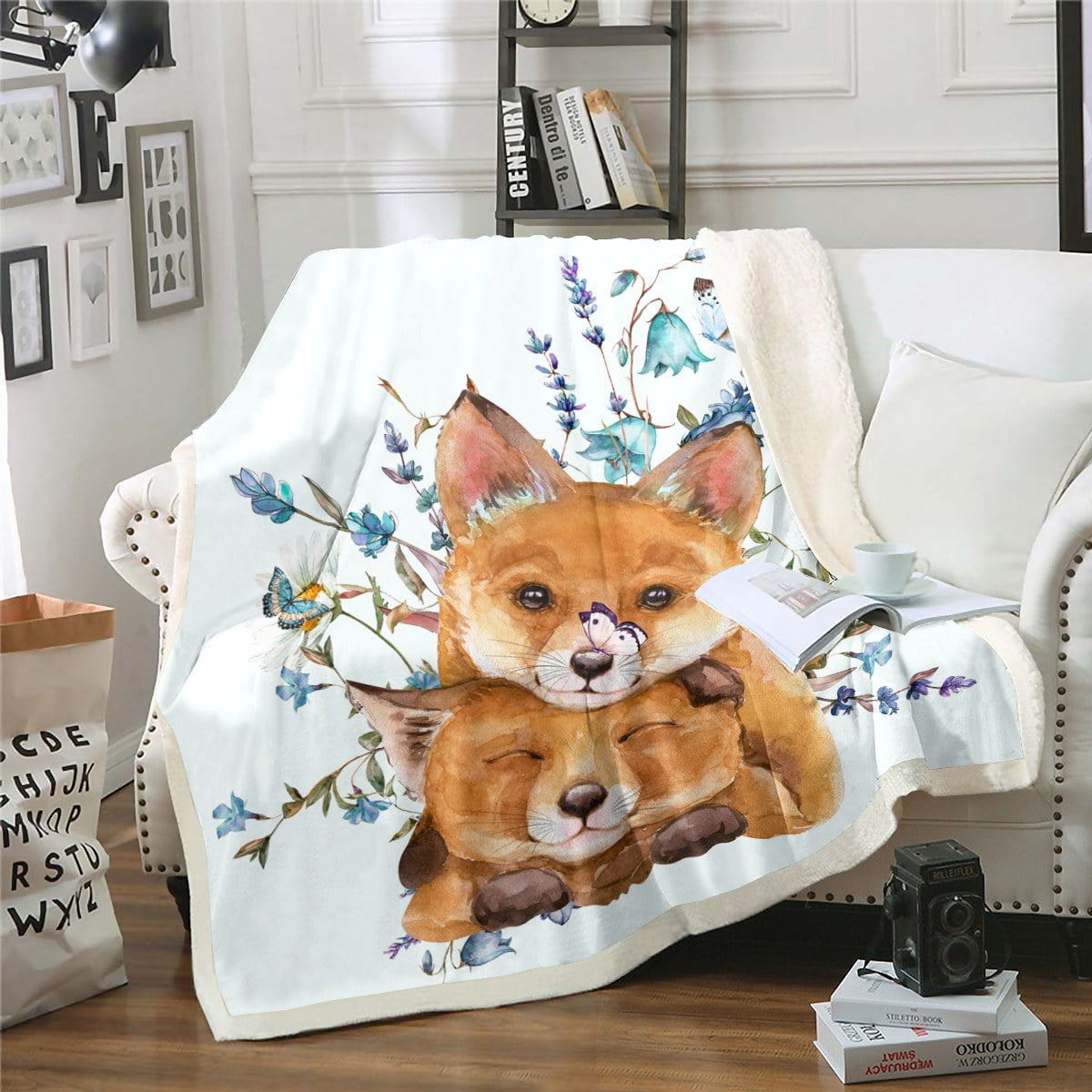 Woodland Animal Fleece Blanket Watercolor Fox Sherpa Blanket Pink Butterfly Blanket Navy Blue Flower Throw Blanket for Sofa Jungle Wildlife Flannel