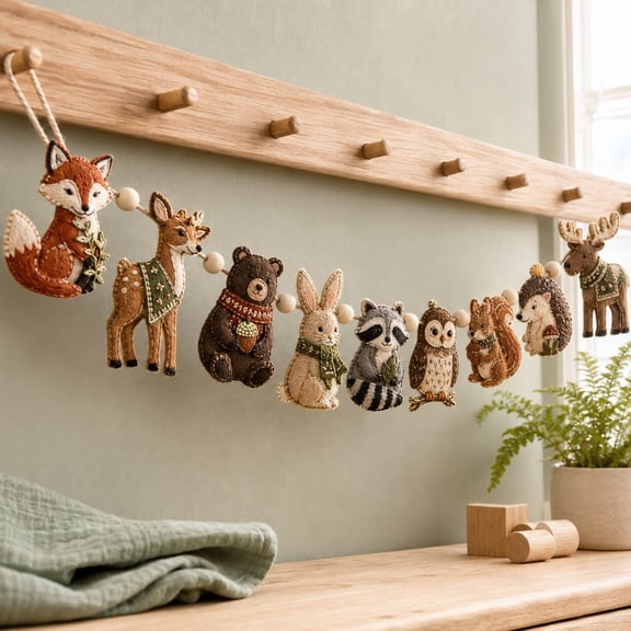 Woodland Animal Garland, Fox Deer Bear and Bunny, Wooden Mantel Decor for Rustic Christmas Home
