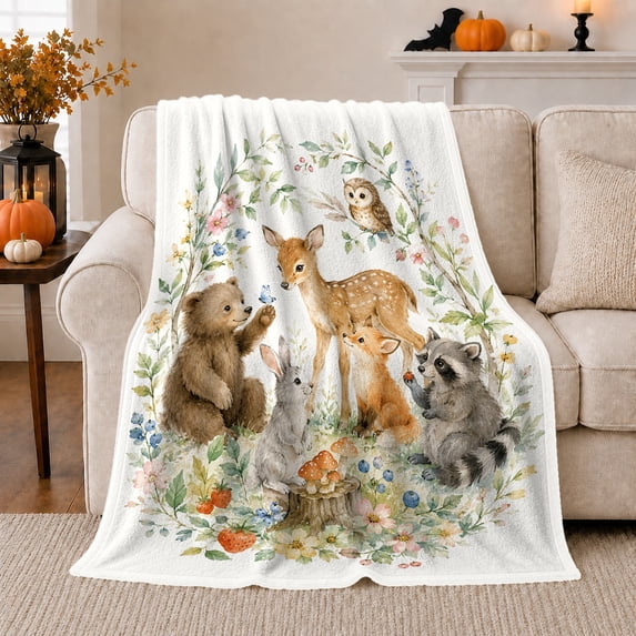 Woodland Animal Gathering Scene Forest Friend, Rustic Camping Scene, Warm Flannel Blanket for Cabin and Lodge, Outdoor Lovers Friendship Gift, Artistic Home Decor