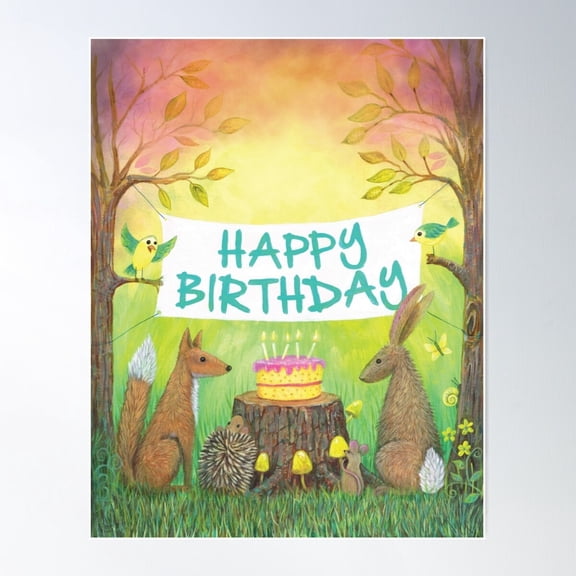 Woodland Animal Happy Birthday Party Poster, Poster Home Decor, Poster Only