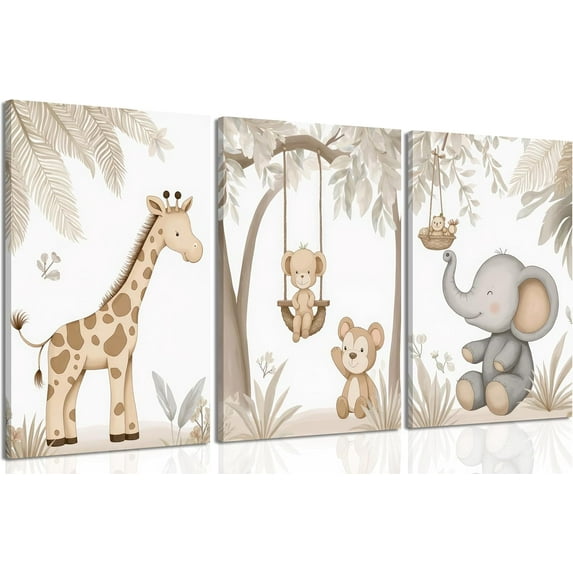 Woodland Animal Nursery Canvas Wall Art Neutral Safari Animal Jungle Paintings Pictures Wall Decor Giraff Monkey Elephants Watercolor Poster Printing Artwork for kids room Home Decoration