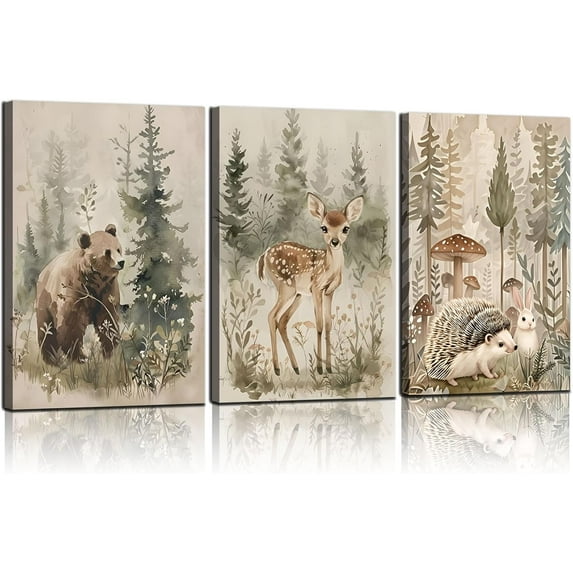 Woodland Animal Nursery Canvas wall Hieng Wild Animals Forest Pictures Wall Decor Paintings hedgehog Bear Deer Watercolor Poster Prints for Boys Girls Room Home Hiengwork Decoration12inx16in canvas