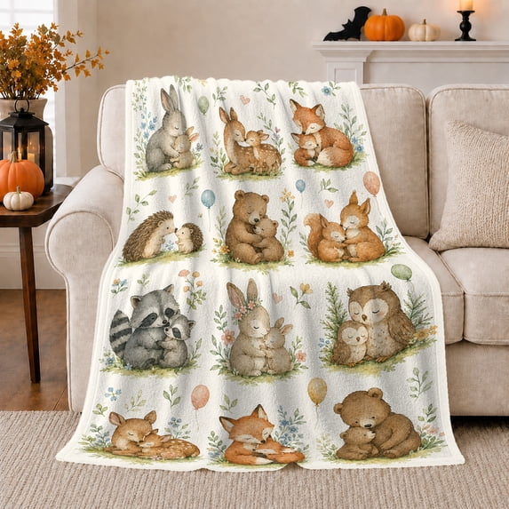 Woodland Animal Nursery Illustrations, Cute Baby Bear Fox and Deer Flannel Blanket for Sofa Couch Bed Bedroom Home Decor Baby Shower Gift for New Parents Cozy Room Accent