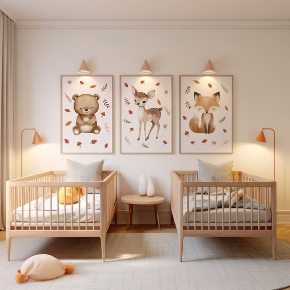 Woodland Animal Nursery Prints Set of 3, Neutral Nursery Animal Wall Art, Baby Room Decor, Forest Theme Art