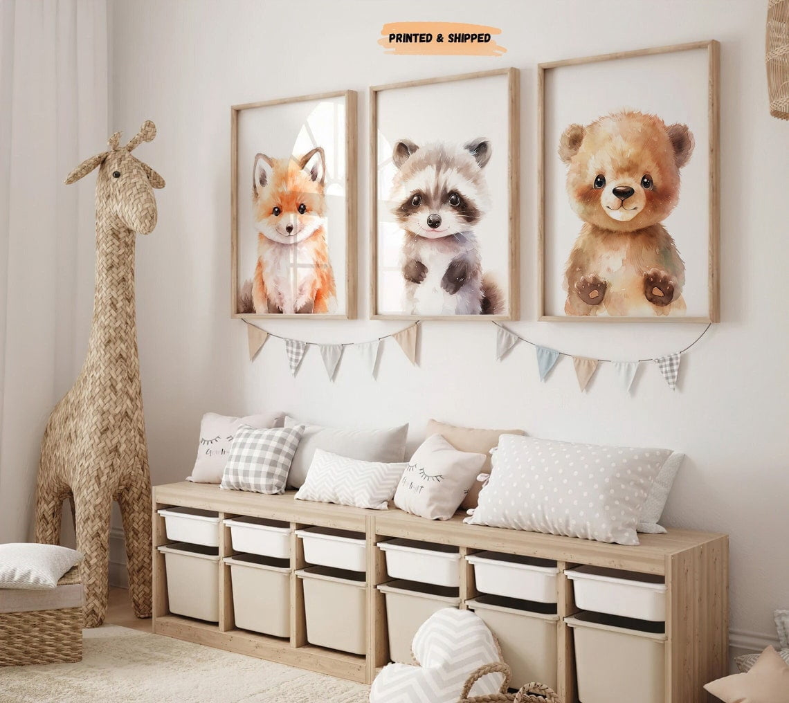 Woodland Animal Nursery Wall Art Watercolor Set 3 Unframed Paper Print ...