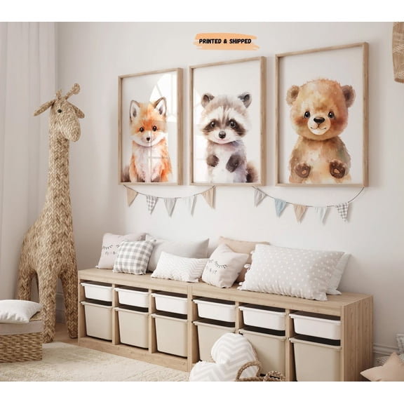 Woodland Animal Nursery Wall Art Watercolor Set 3 Unframed Paper Print 8x12