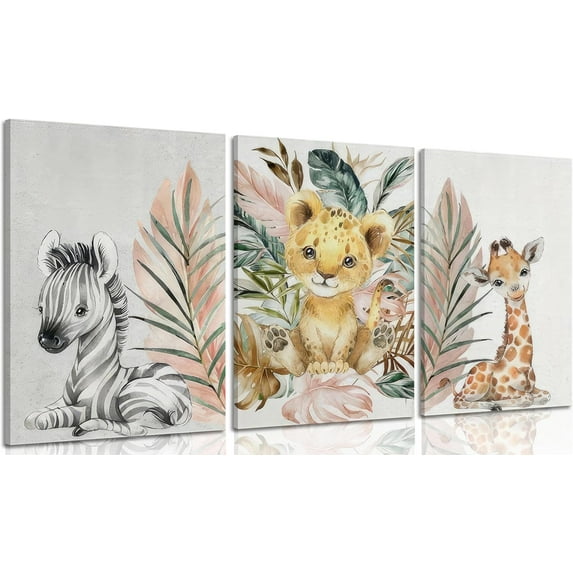 Woodland Animal Nursery wall art Wild Animals Forest Paintings Pictures Wall Decor Cute Animal Zebra Tiger Giraffe Poster Printing Artwork for Boys Room Girls Room(Only canvas)