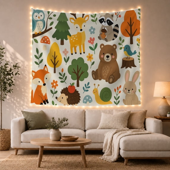 Woodland Animal Pattern on Beige Background, Playful Illustration for Wildlife Lovers, Nature Wall Decor, Housewarming Gift, Tapestry Wall Hanging for Nursery and Playroom