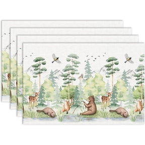 Woodland Animal Placemats Set of 4, 12x18 Inch Rustic Watercolor Forest Spring Wild Animal Deer Beer Heat Resistant Table Mats for Dining Kitchen Party Holiday Decor