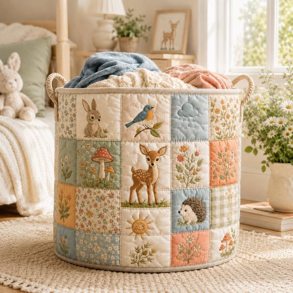 Woodland Animal Quilted Laundry Basket, Rabbit Storage Bin, Floral Fabric Hamper, Nursery Toy Basket Decor