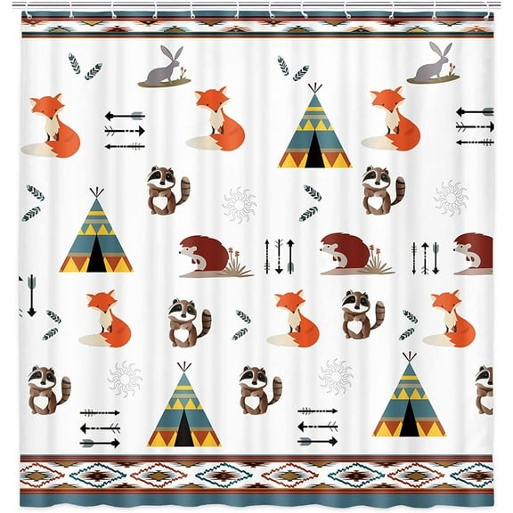 Woodland Animal Shower Curtain, South West Tribal Forest Fox Camping Theme Bathroom Decorations, Modern Cute Country Theme Fabric Waterproof Curtains, Hooks Included, 72X72