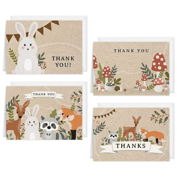 Woodland Animal Thank You Cards / 24 Baby Shower Cards With White Envelopes / 3 1/2" x 4 7/8" Forest Adventure Animals Folded Greeting Cards / 4 Illustrated Nature Designs / Made In The USA
