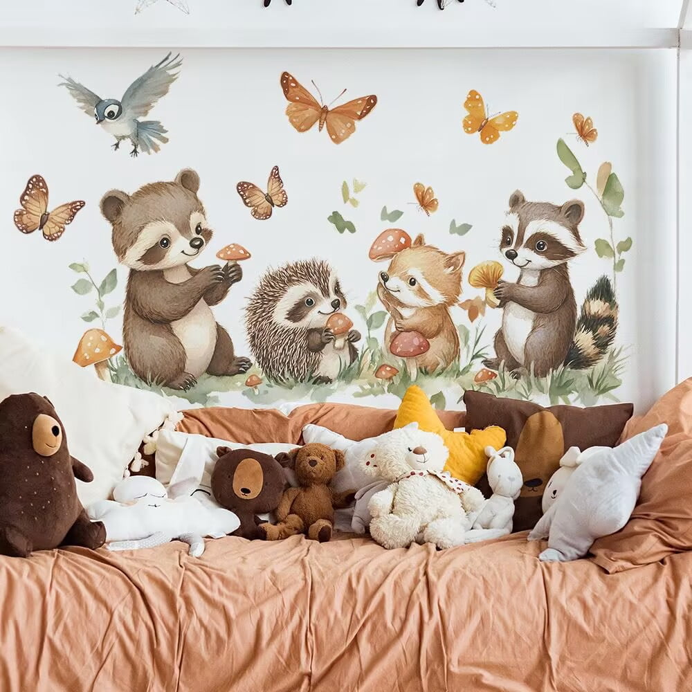Woodland Animal Tree Branch Wall Decals Bear Fox Deer Forest Wall Stickers Kids Room Removable Vinyl DIY Peel and Stick Kids Bedroom Living Room Window Wall Decor