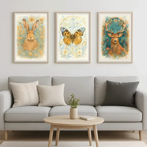 Woodland Animal Watercolor Posters Set of 3 | Bunny Stag Butterfly Wall Decor, Poster Only