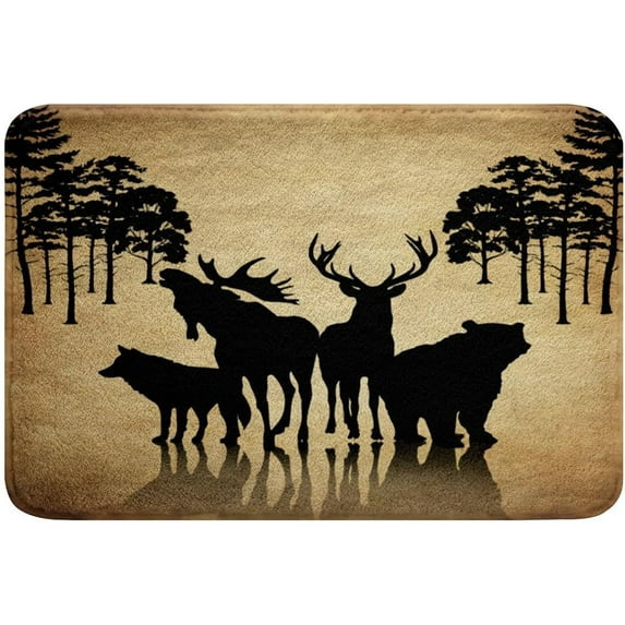 Woodland Animals Area Rug 16X24 Wildlife Bear Moose Elk Wolf Bathroom Rugs,Grunge Vintage Reindeer Silhouette Outdoor Doormats Country Cabin Pine Trees Door Mat,Brown Rustic Farmhouse Decor