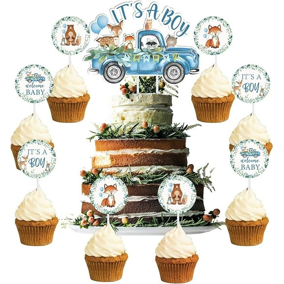 Woodland Animals Baby Shower Decorations for Boy, 25PCS Woodland Cupcake Toppers, Its a Boy Cake Topper Woodland Creatures Fawn Animal Party Supplies