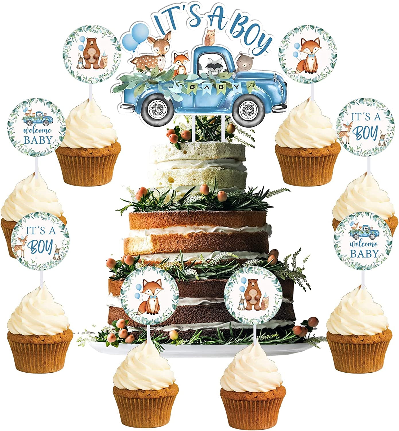 Woodland Animals Baby Shower Decorations for Boy, 25PCS Woodland Cupcake  Toppers, Its a Boy Cake Topper Woodland Creatures Fawn Animal Party  Supplies 