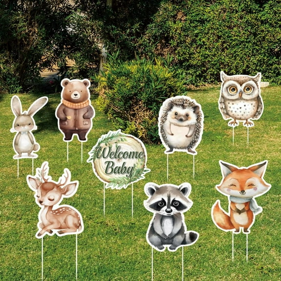 Woodland Animals Baby Shower Yard Sign 8 Pieces Plastic Cartoon Forest Animals Welcome Baby Yard Signs with Stakes