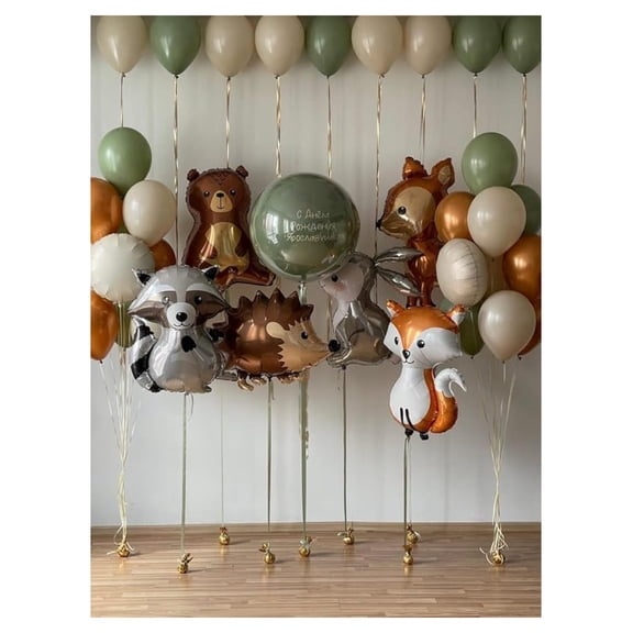 Woodland Animals Balloon Set, 6 Forest Creature Balloons with and Sage Green Latex Balloons, Party Decoration Kit