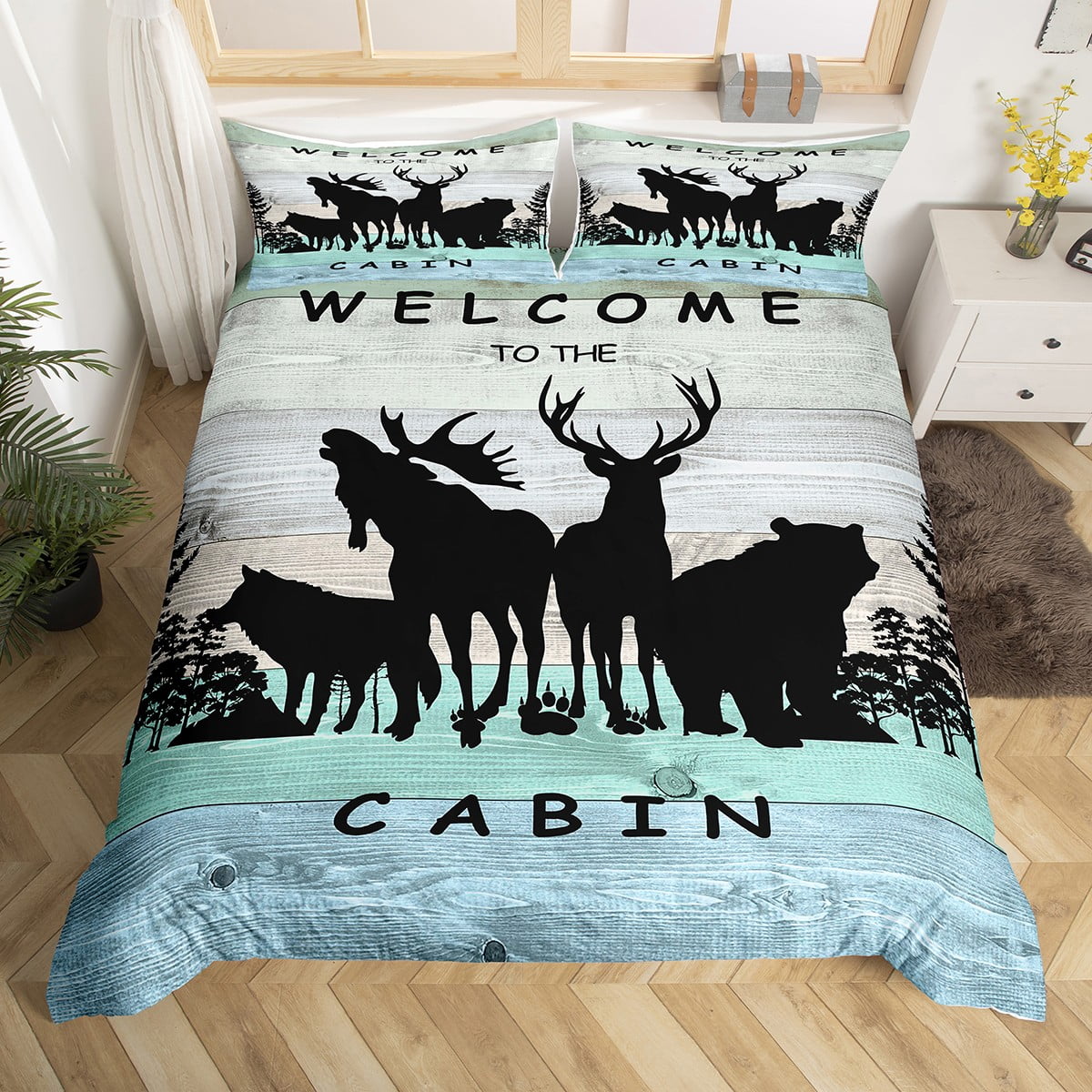 Woodland Animals Bedding Set Lodge Cabin Comforter Cover,Pine Trees