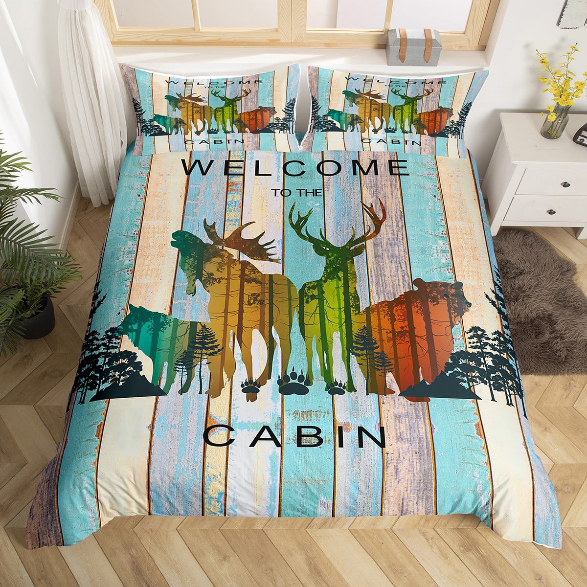 Woodland Animals Bedding Set Lodge Cabin Comforter Cover,Pine Trees Wildlife Bear Moose Elk Wolf
