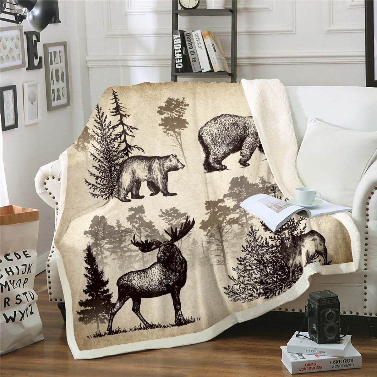 Woodland Animals Blanket Bear Moose Elk Throw Blanket 50"x60",Reindeer