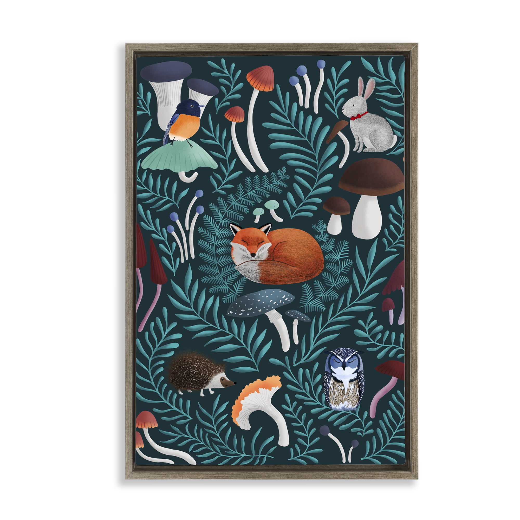 Woodland Animals & Botanical Sprigs Brown Framed Floater Canvas Wall Art, design by Metka Hiti