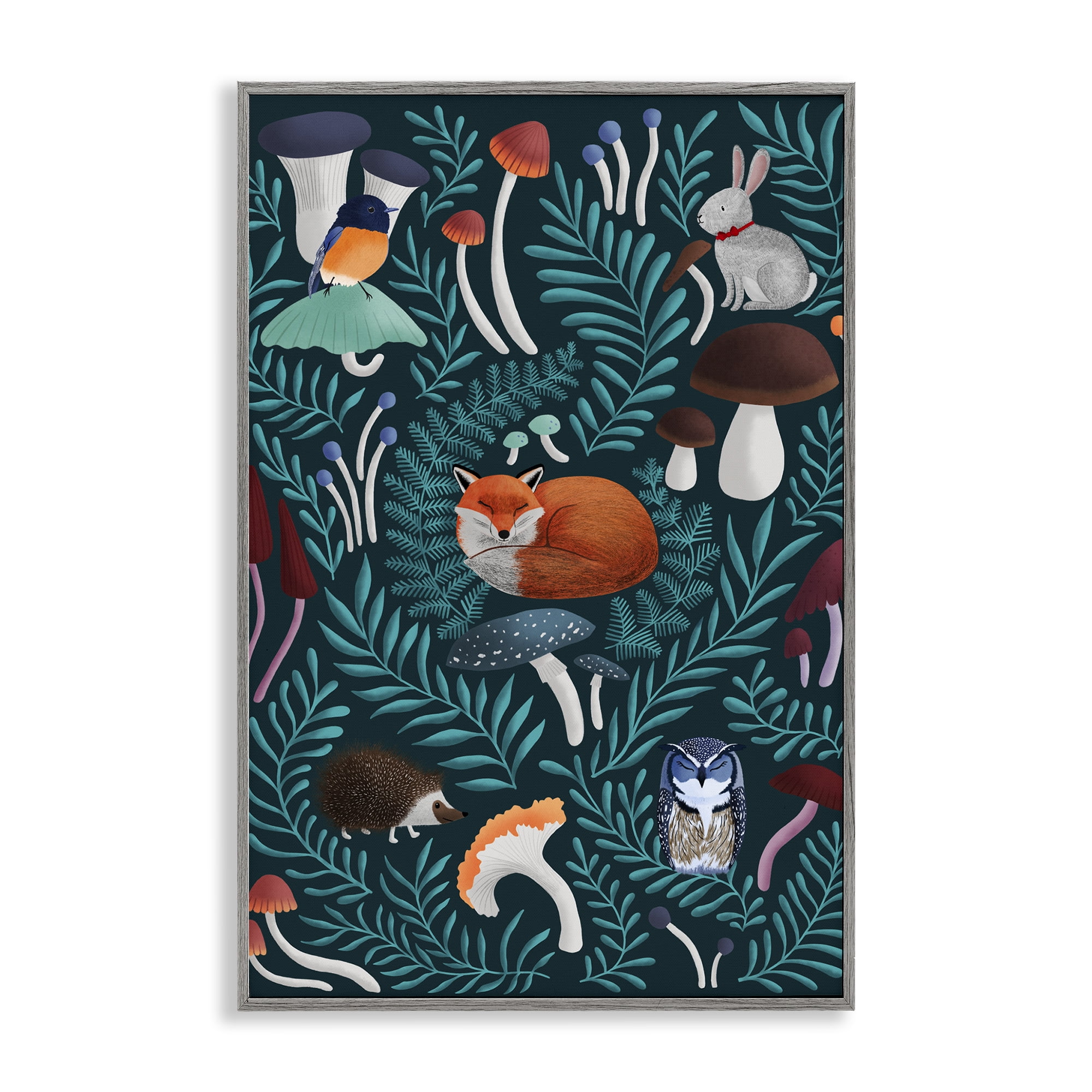 Woodland Animals & Botanical Sprigs Gray Framed Giclee Art, design by Metka Hiti