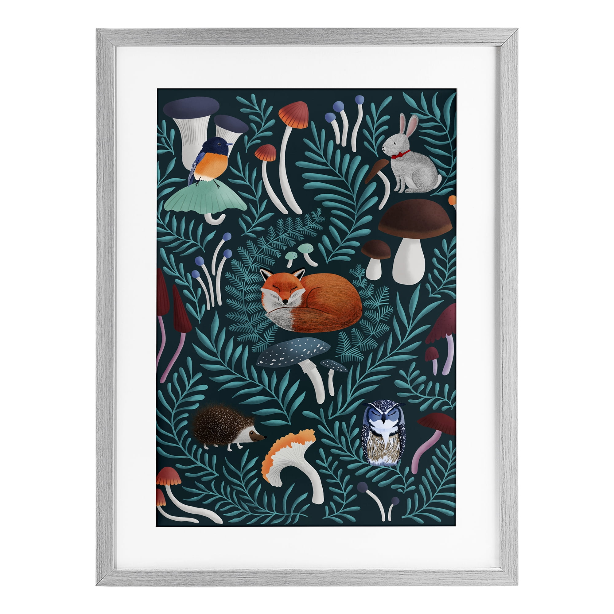 Woodland Animals & Botanical Sprigs Gray Framed Print Under Glass, design by Metka Hiti