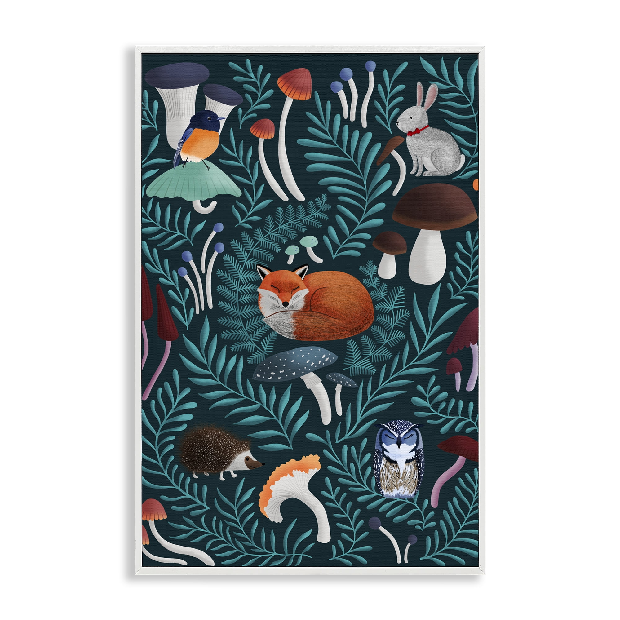 Woodland Animals & Botanical Sprigs White Framed Giclee Art, design by Metka Hiti