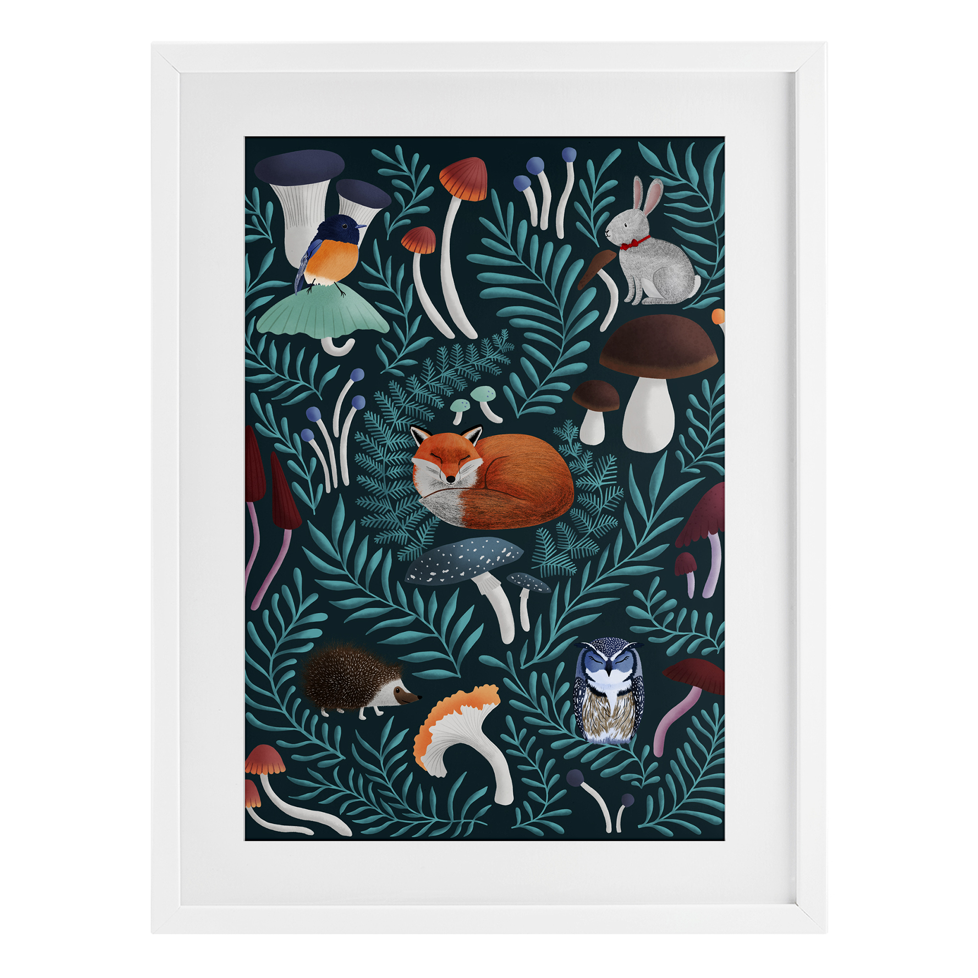 Woodland Animals & Botanical Sprigs White Framed Print Under Glass, design by Metka Hiti