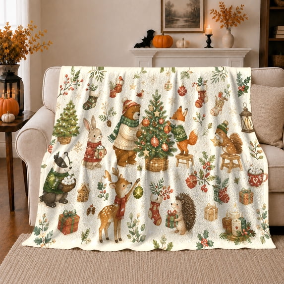 Woodland Animals Christmas Tree Celebration Watercolor Scene, Festive Holiday Scene, Warm Flannel Blanket for Living Room and Reading Nook, Art Lovers Christmas Gift, Festive Home Decor