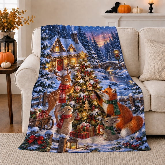 Woodland Animals Christmas Tree Decorating Scene Festive Illustration, Festive Holiday Scene, Warm Flannel Blanket for Living Room and Reading Nook, Art Lovers Christmas Gift, Festive Home Decor