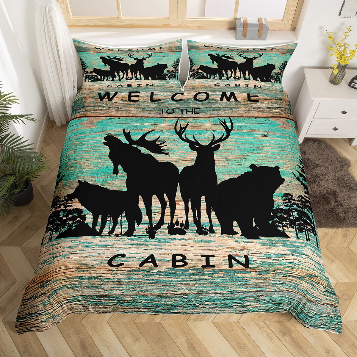 Woodland Animals Comforter Cover Lodge Cabin Duvet Cover Queen,Pine