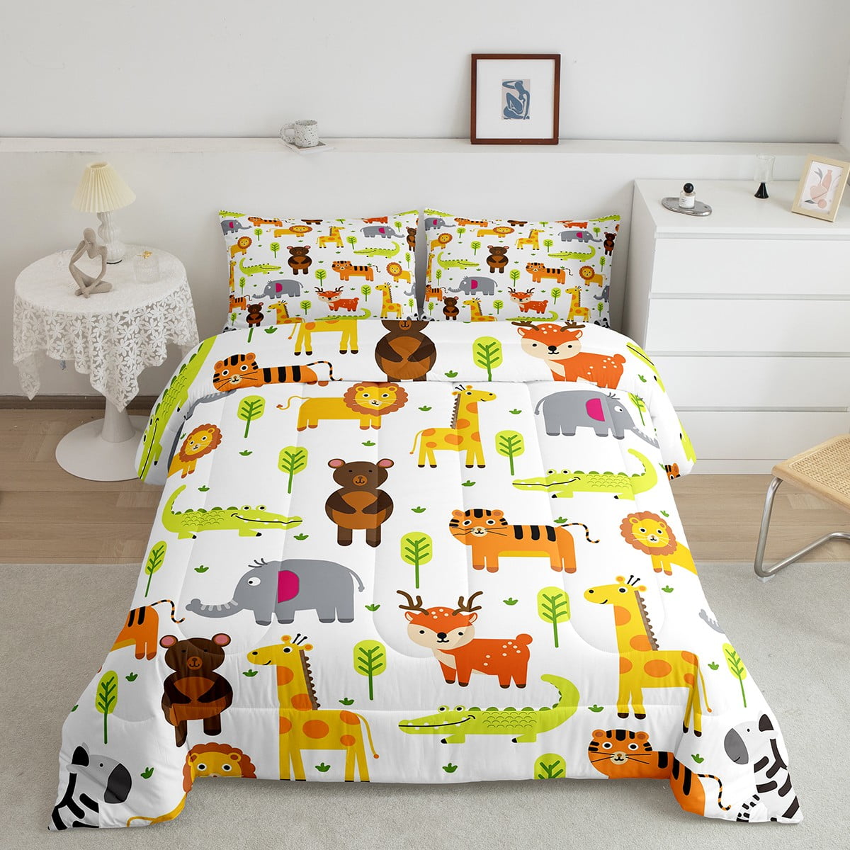 Woodland Animals Comforter Set Kids Zoo Animal Print Bedding Full Size, Cute Elephant Tiger
