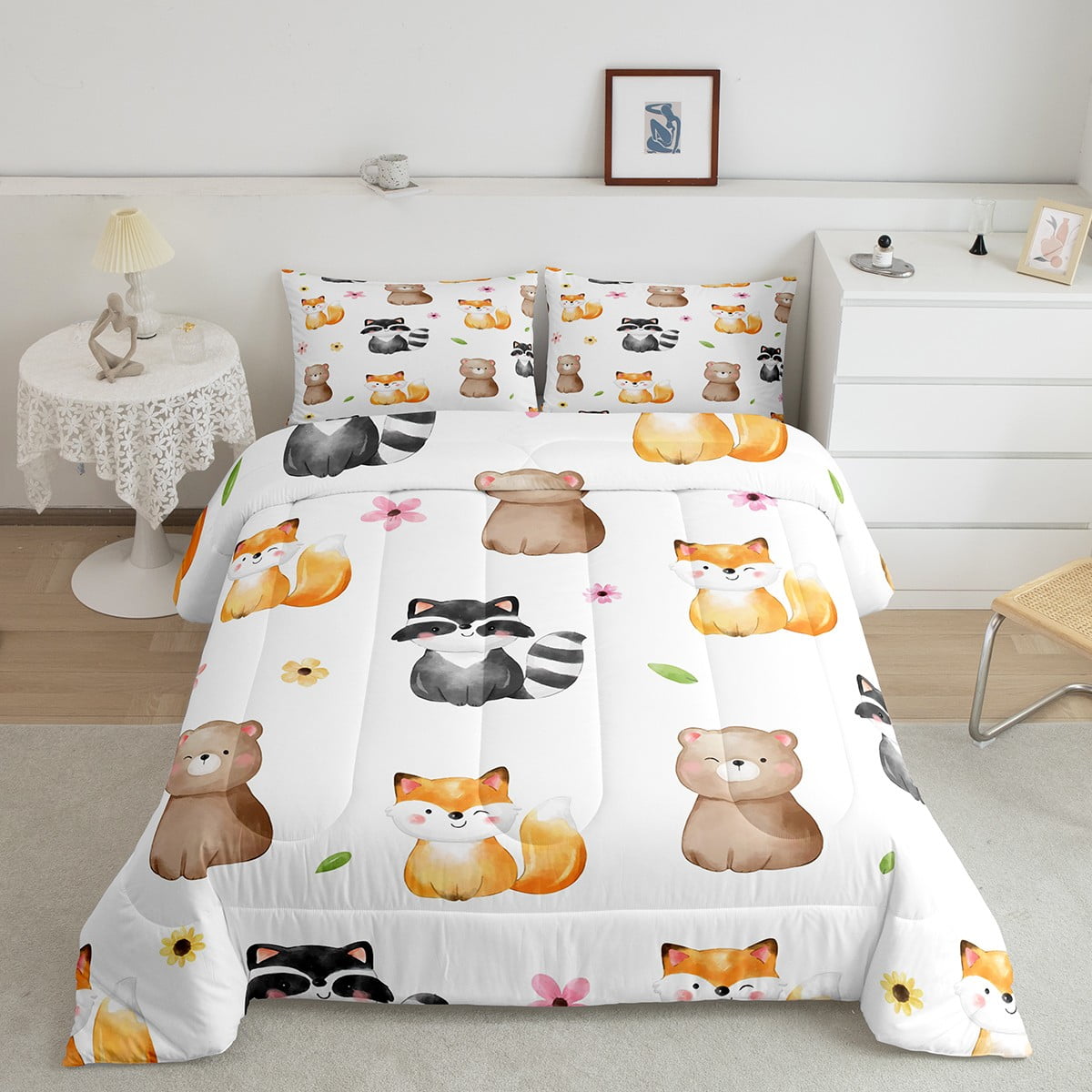 Woodland Animals Comforter Set Fox Bear Raccoon Twin Bedding Set for Boys Kids Child Girls