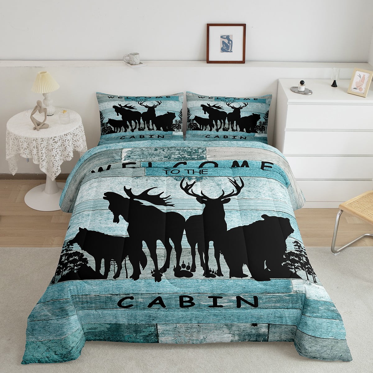 Woodland Animals Comforter Set Full Lodge Cabin Bedding Set,Pine Trees