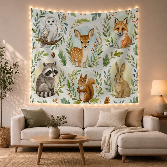 Woodland Animals on Cream Background Peaceful Watercolor for Kids Nursery, Forest Animal Wall Art Birthday Gift Tapestry Wall Hanging for Bedroom and Playroom