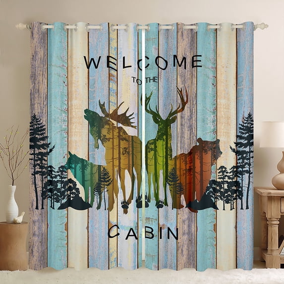 Woodland Animals Curtains & Drapes Lodge Cabin Curtains,Pine Trees Bear Moose Elk Wolf 30%-50% Blackout Curtains 2 Panels 42"Wx63"L Country Cottage Wood Plank Deer Silhouette Rustic Home Decor